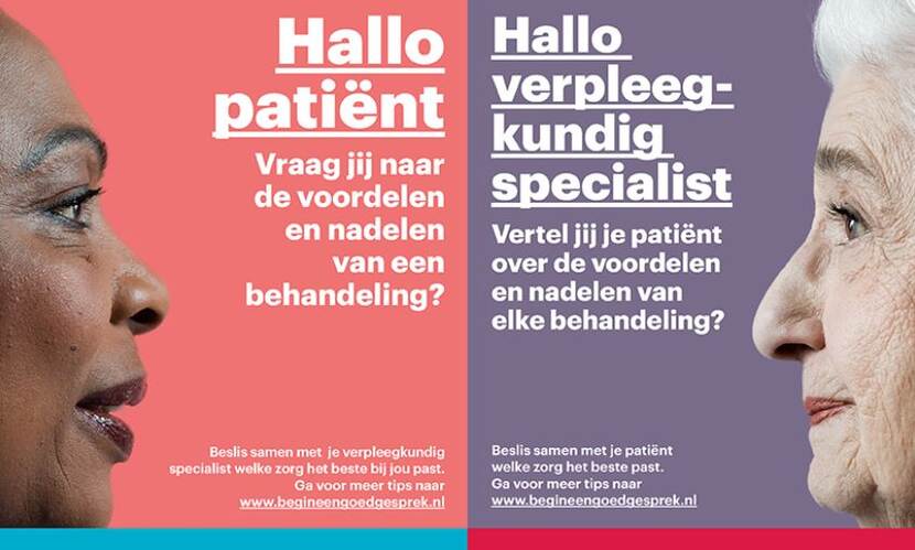 Campagnebeeld Samen Beslissen, twee gezichten en profil die elkaar begroeten met hallo patiënt, hallo verpleegkundig specialist